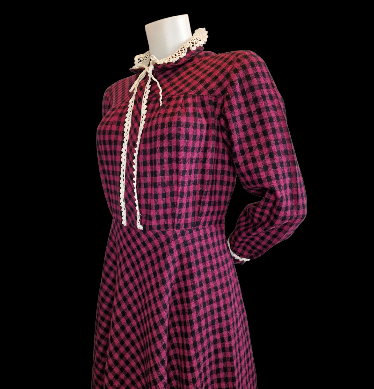 Vintage nostalgisches 80er Jahre Kleid Kariert mit Häkelkragen M