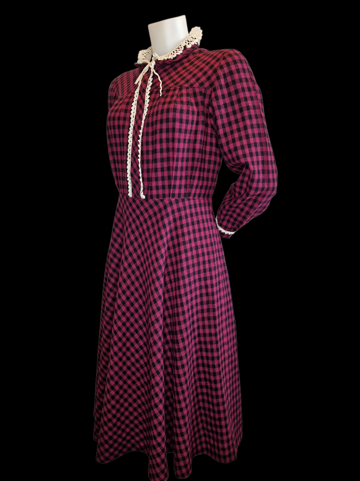 Vintage nostalgisches 80er Jahre Kleid Kariert mit Häkelkragen M