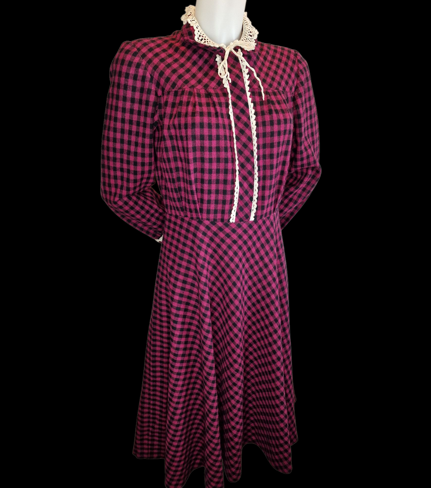 Vintage nostalgisches 80er Jahre Kleid Kariert mit Häkelkragen M