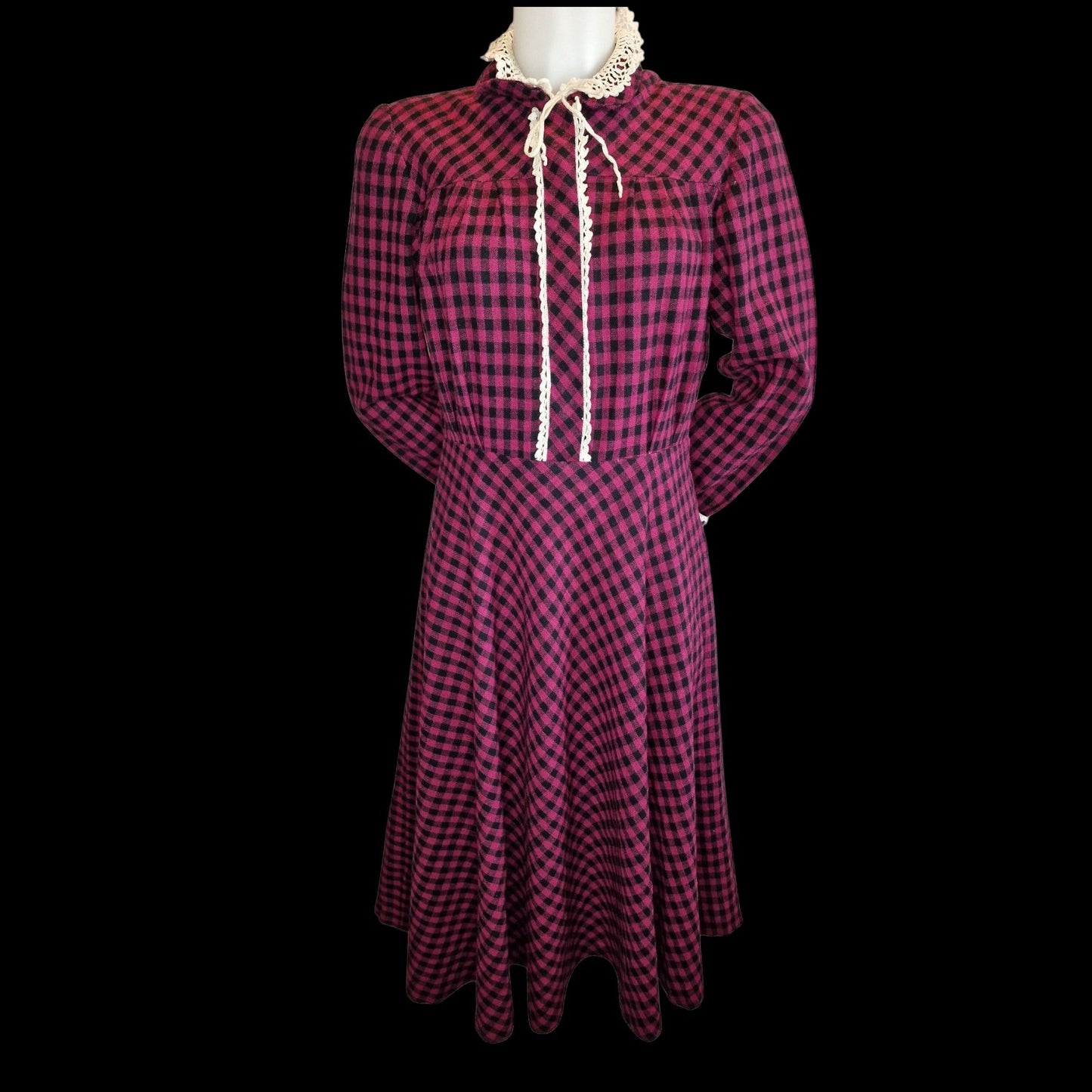 Vintage nostalgisches 80er Jahre Kleid Kariert mit Häkelkragen M