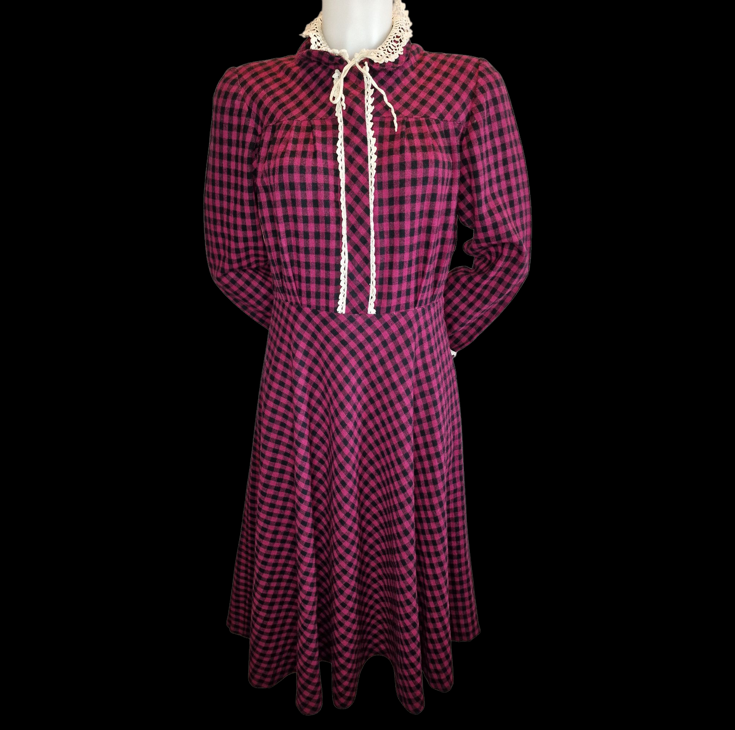 Vintage nostalgisches 80er Jahre Kleid Kariert mit Häkelkragen M