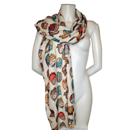 Kuscheliger Schal mit Eulen Motiv beige 180x90 cm