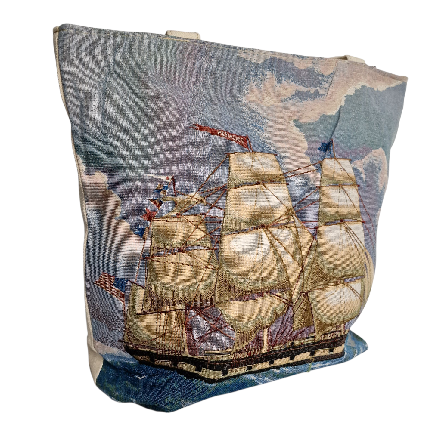 Vintage gewebte Einkaufstasche Segelschiff Gemälde