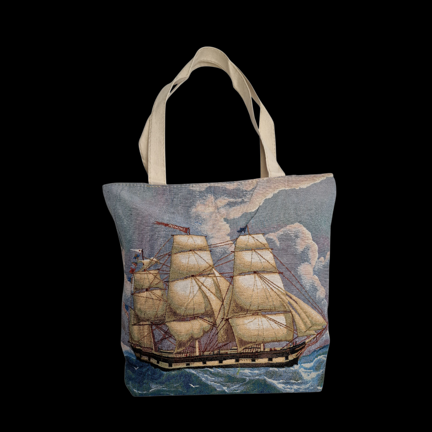 Vintage gewebte Einkaufstasche Segelschiff Gemälde