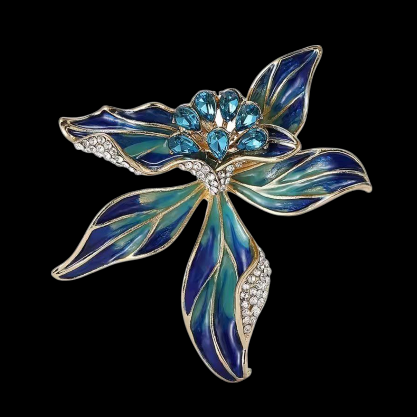 Vintage Brosche Iris in blau-gold mit Strass