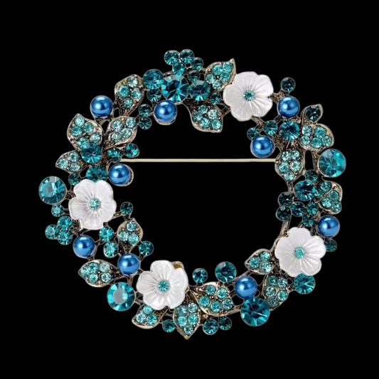 Nostalgische Brosche Blumenkranz blau-weiß