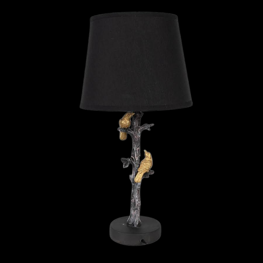 Tischlampe vintage in schwarz-gold Vögel auf Ast 45 cm
