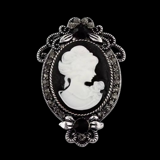 Vintage Brosche Cameo goldfarben mit Strass in schwarz