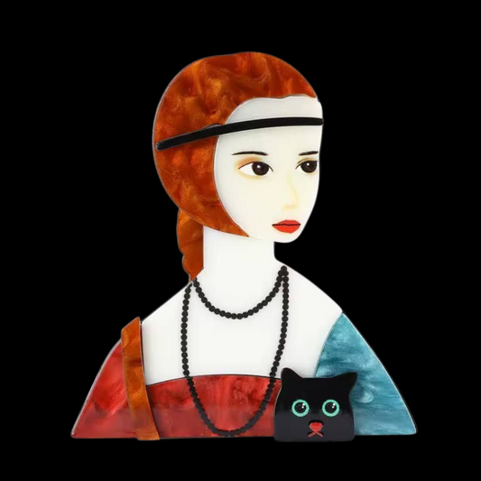 Acryl Brosche Kunstmotiv "Das Mädchen mit Katze"