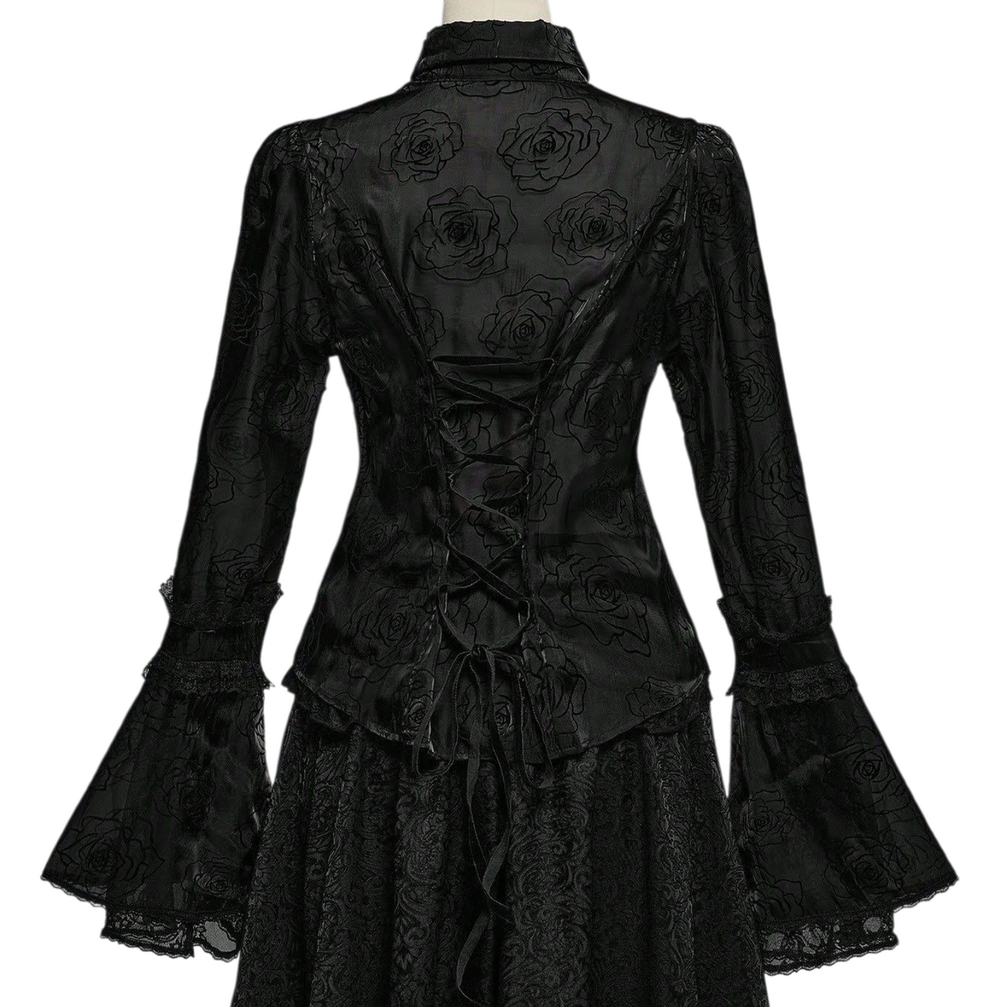 Leichte Organza Rüschenbluse mit Rosenmuster Gothic víctorian lady