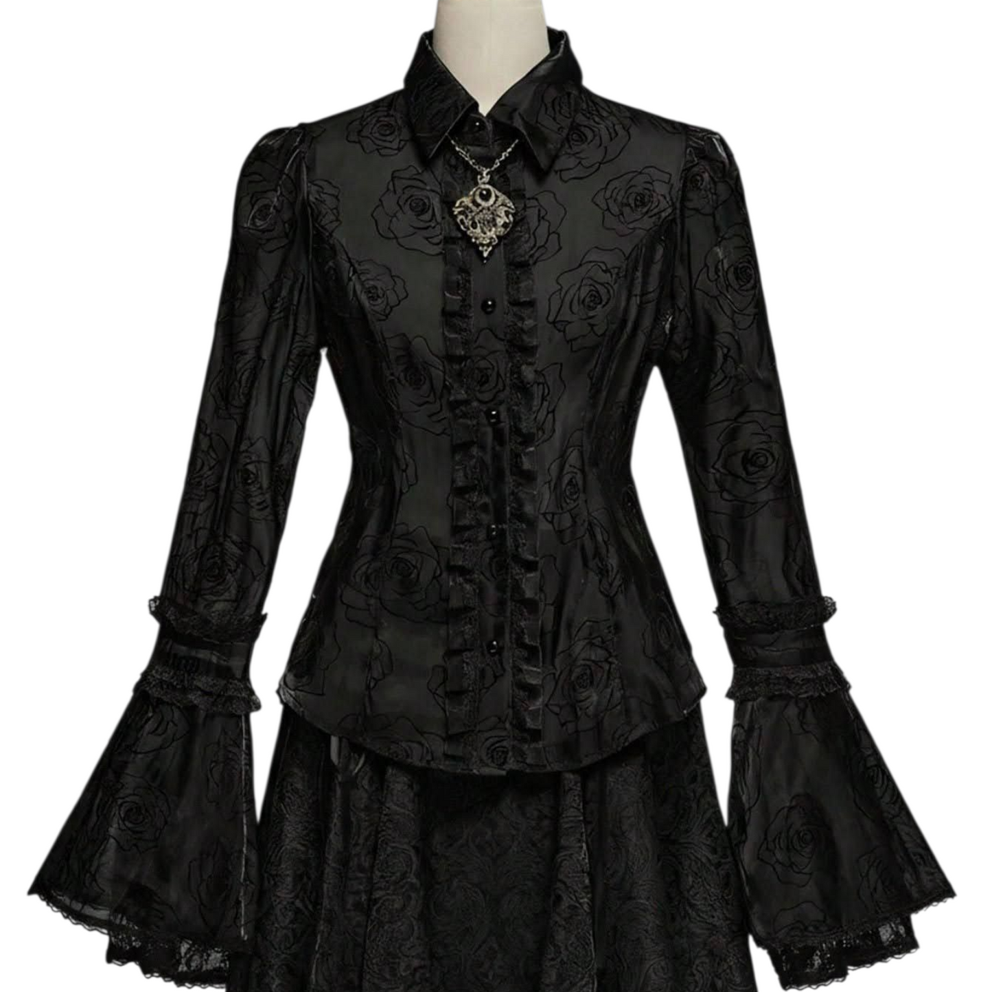 Leichte Organza Rüschenbluse mit Rosenmuster Gothic víctorian lady