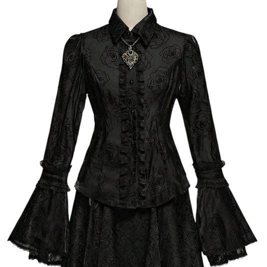 Leichte Organza Rüschenbluse mit Rosenmuster Gothic víctorian lady