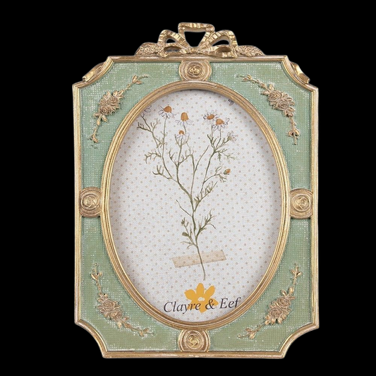 Prunkvoller Bilderrahmen grün-gold mit Rosen & Schleife 13 x 18 cm
