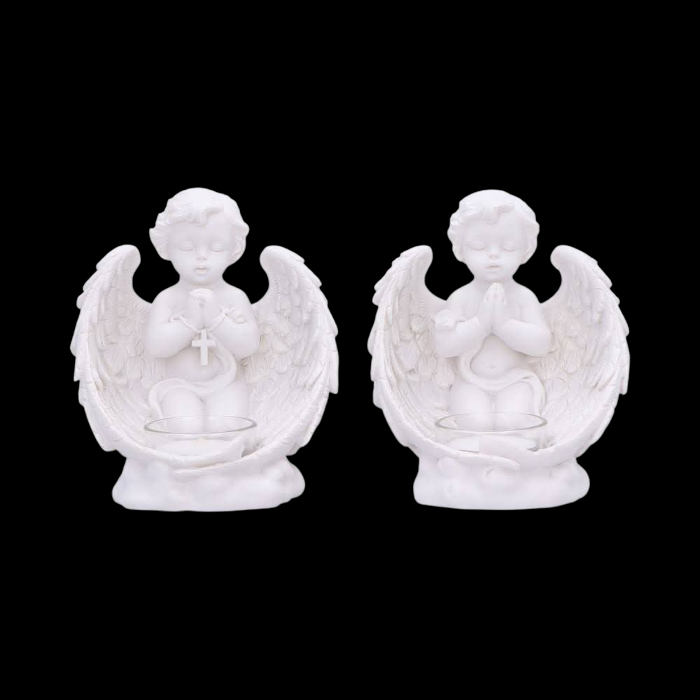 Teelichthalter 2x Engel Cherub vintage mit Glaseinsatz 21 cm