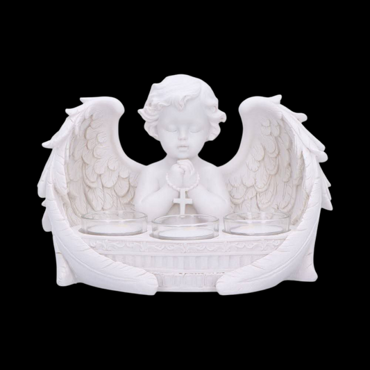 Teelichthalter Engel Cherub mit Rosenkranz vintage Glaseinsätze 3x Teelicht