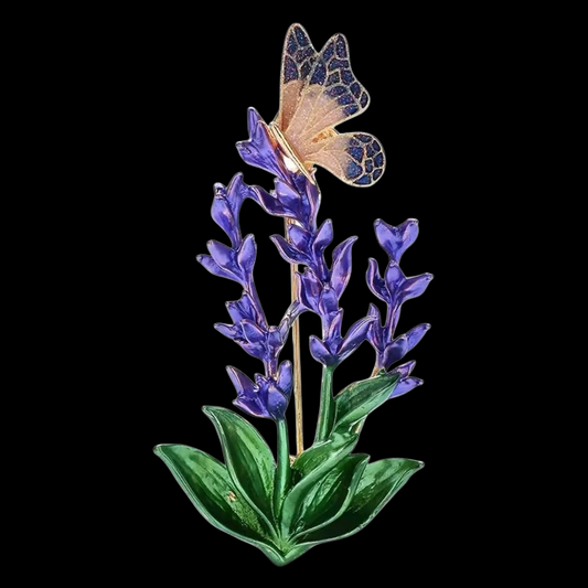 Zauberhafte Brosche Schmetterling auf Lavendelblüten metallicfarben