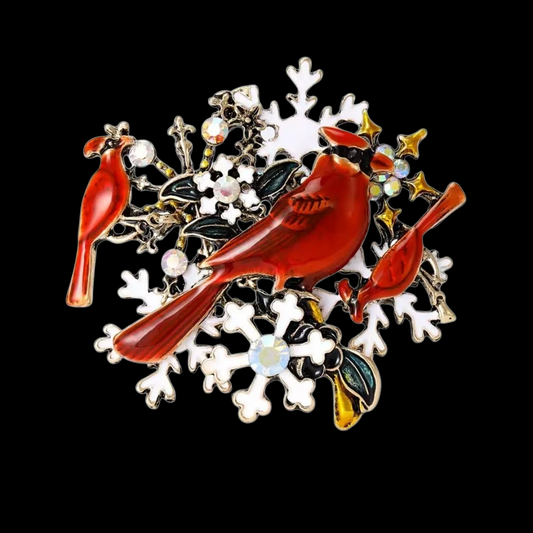 Winterlichte Brosche "Kardinälen und Schneeflocken"