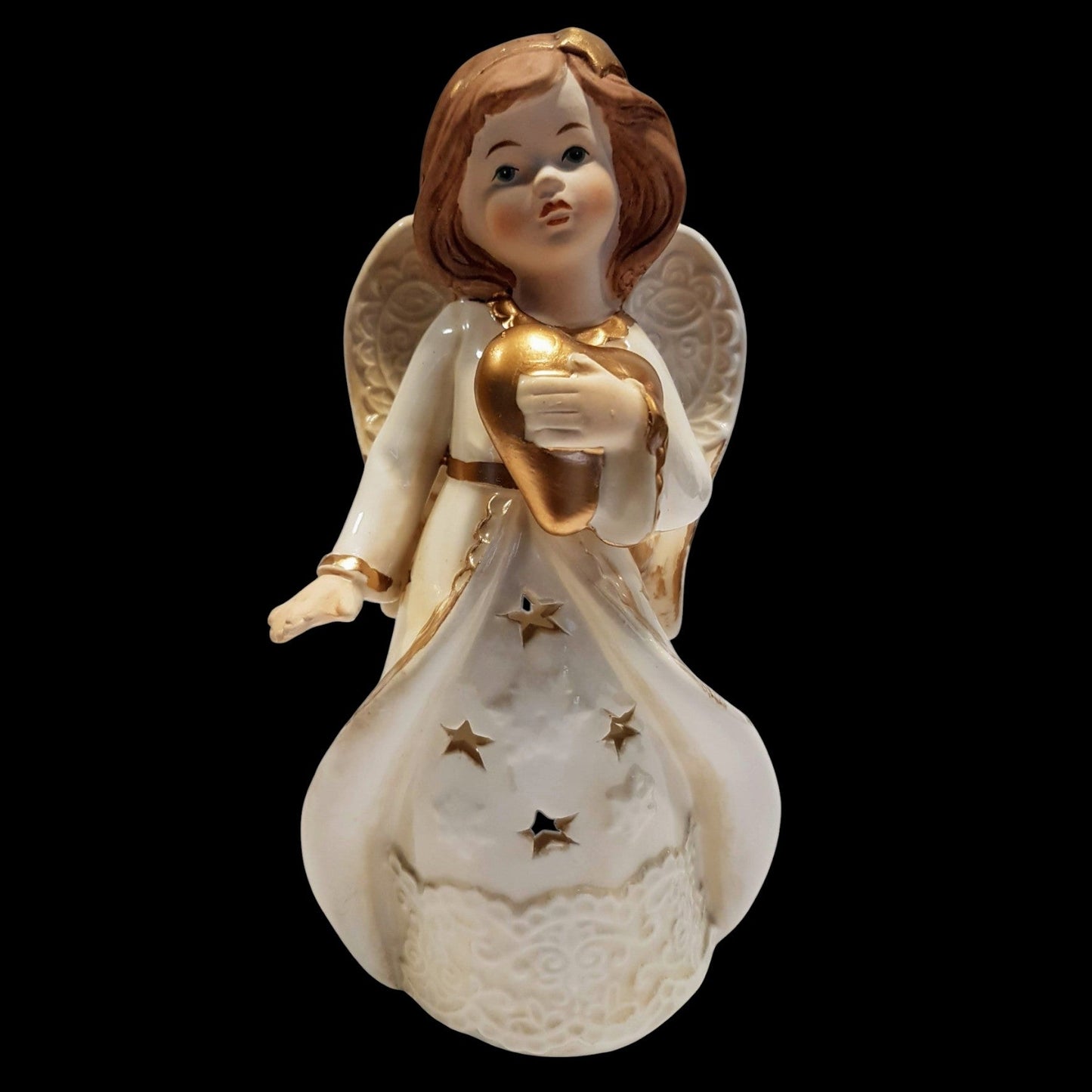 Teelichthalter Engel mit Herz in goldfarben aus Keramik