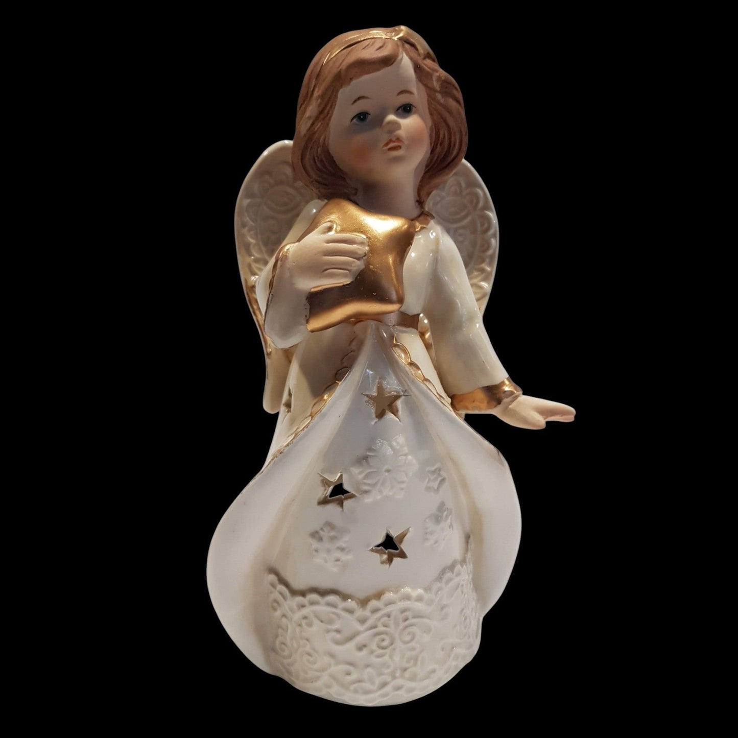 Teelichthalter Engel mit Stern in goldfarben aus Keramik