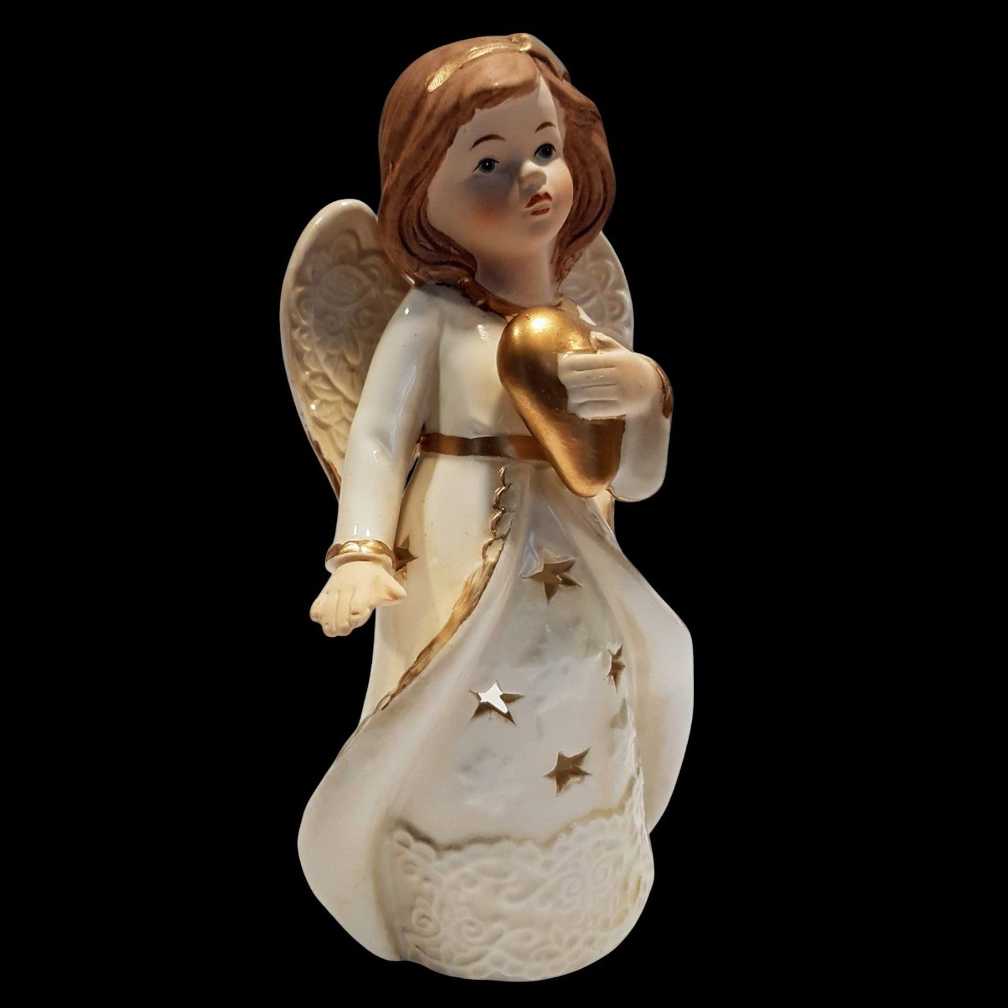 Teelichthalter Engel mit Herz in goldfarben aus Keramik