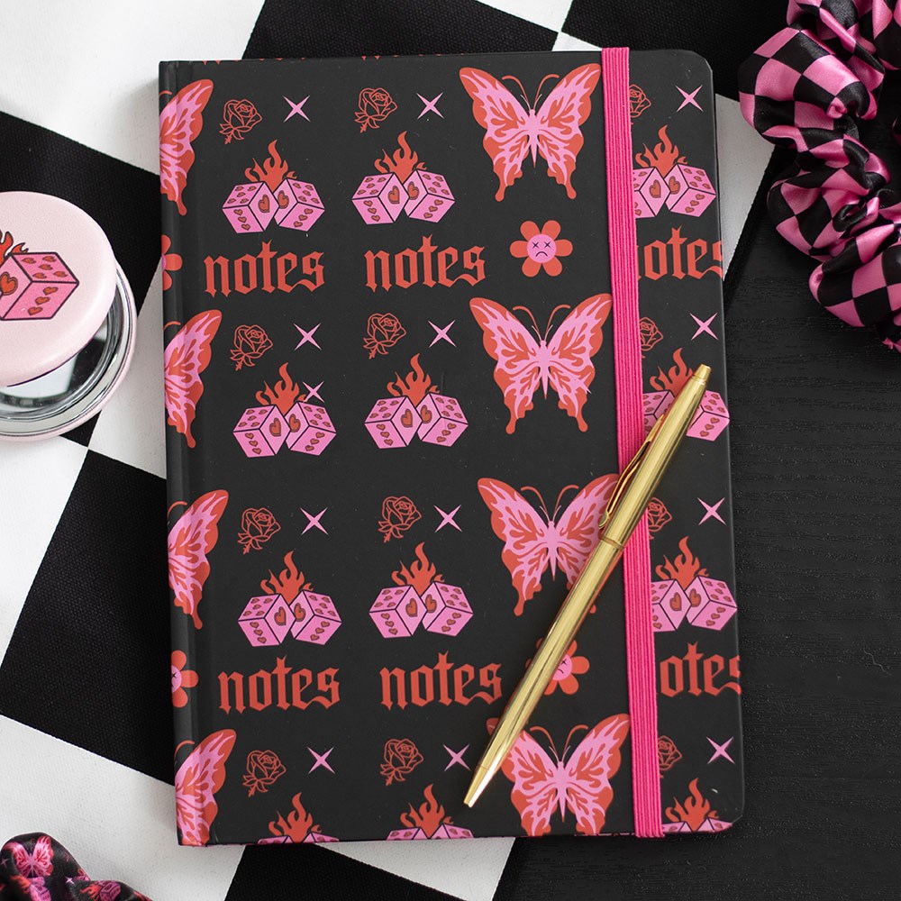Notizbuch Schmetterling Tattoo Allover Print Schwarz Pink