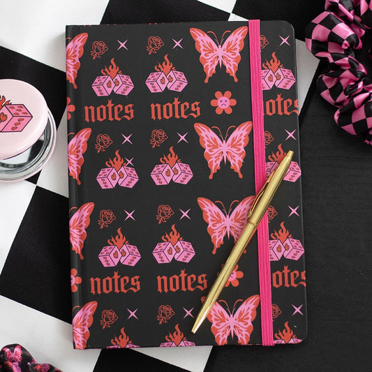 Notizbuch Schmetterling Tattoo Allover Print Schwarz Pink