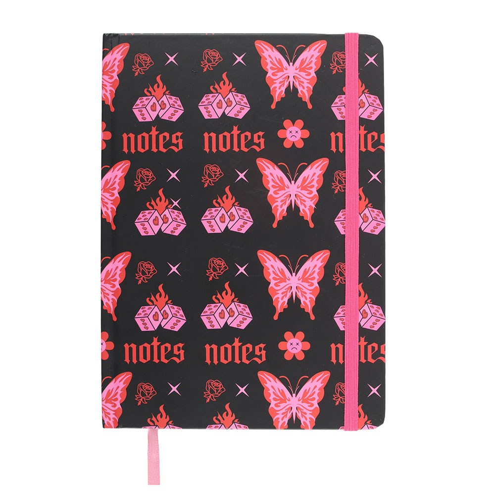 Notizbuch Schmetterling Tattoo Allover Print Schwarz Pink