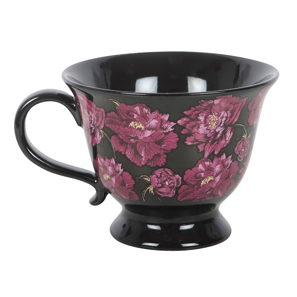 Schwarze Tasse mit Blumendekor in violett "Dark Romance" 320 ml