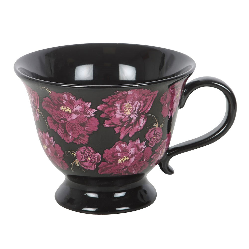 Schwarze Tasse mit Blumendekor in violett "Dark Romance" 320 ml