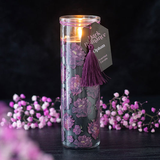 "Dark Romance" Kerze im Glas Duft Opium mit Blumendekor in violett