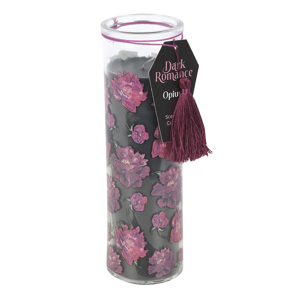"Dark Romance" Kerze im Glas Duft Opium mit Blumendekor in violett