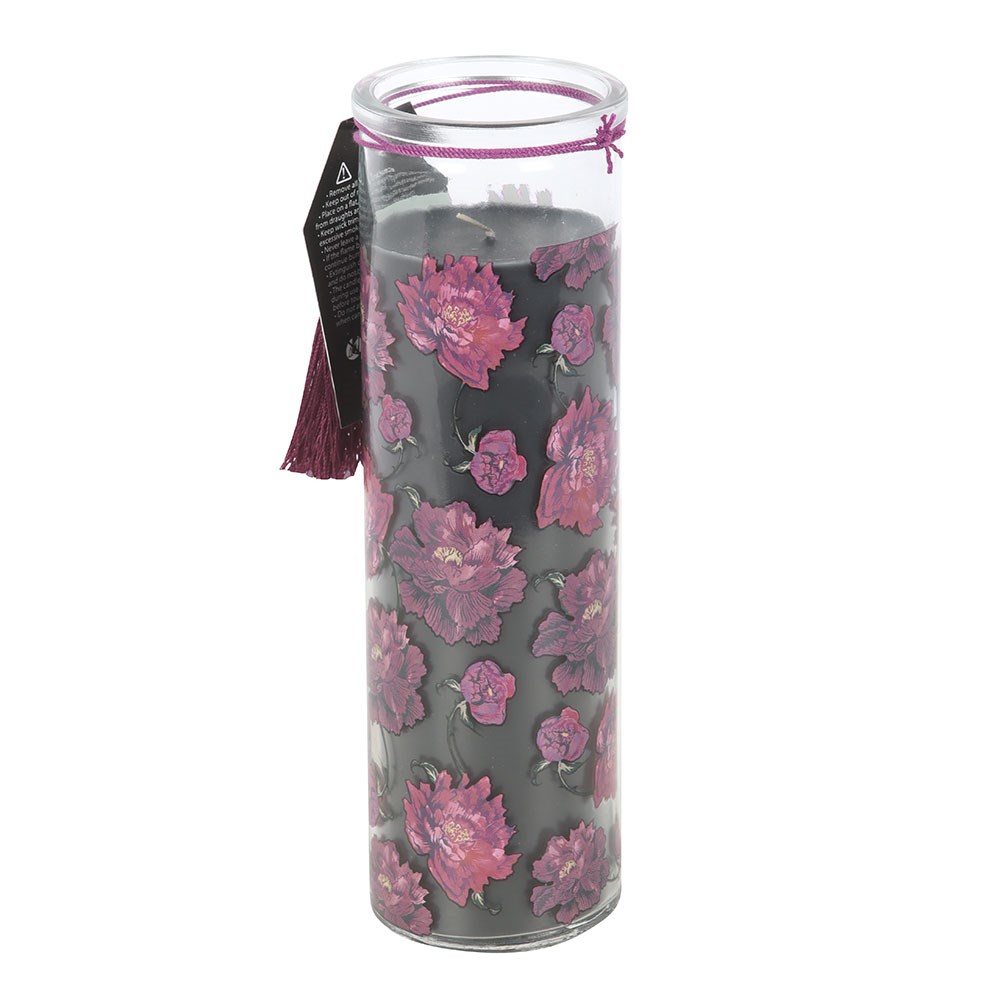 "Dark Romance" Kerze im Glas Duft Opium mit Blumendekor in violett