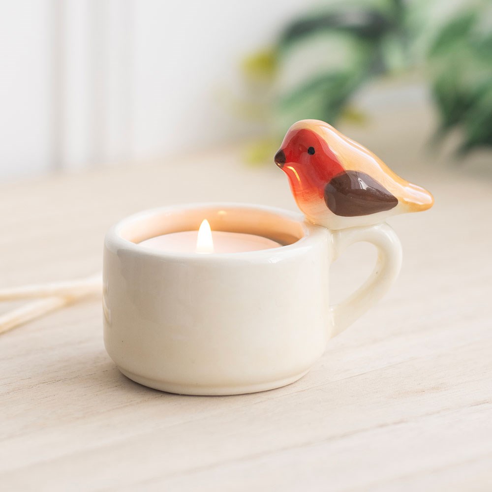 Keramik Teelichthalter mit Rotkehlchen Robin