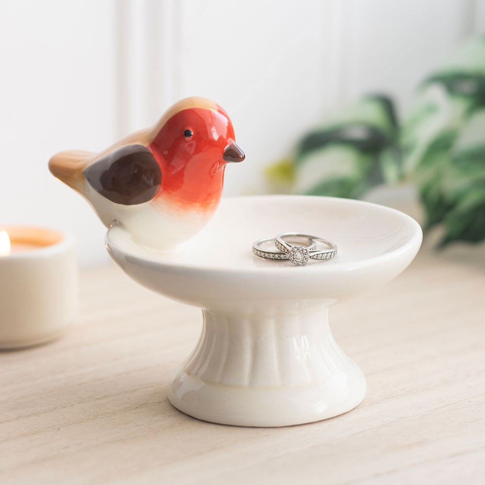 Nostalgische Keramik Schmuckschale mit Vogel Robin
