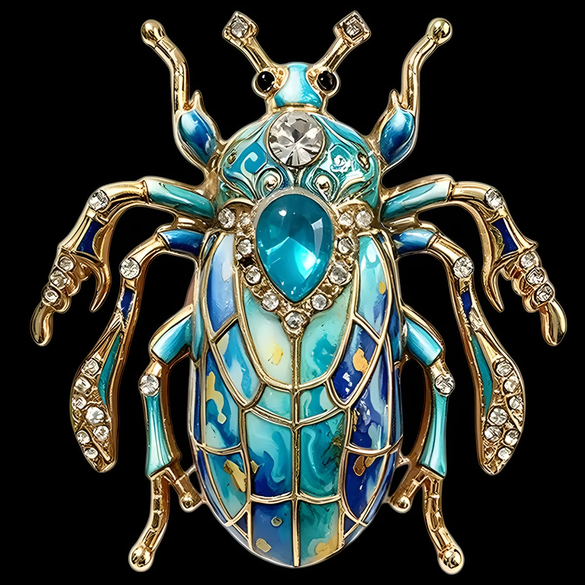 Vintage-Stil Käferbrosche in Türkis-Blau mit Schmucksteinen