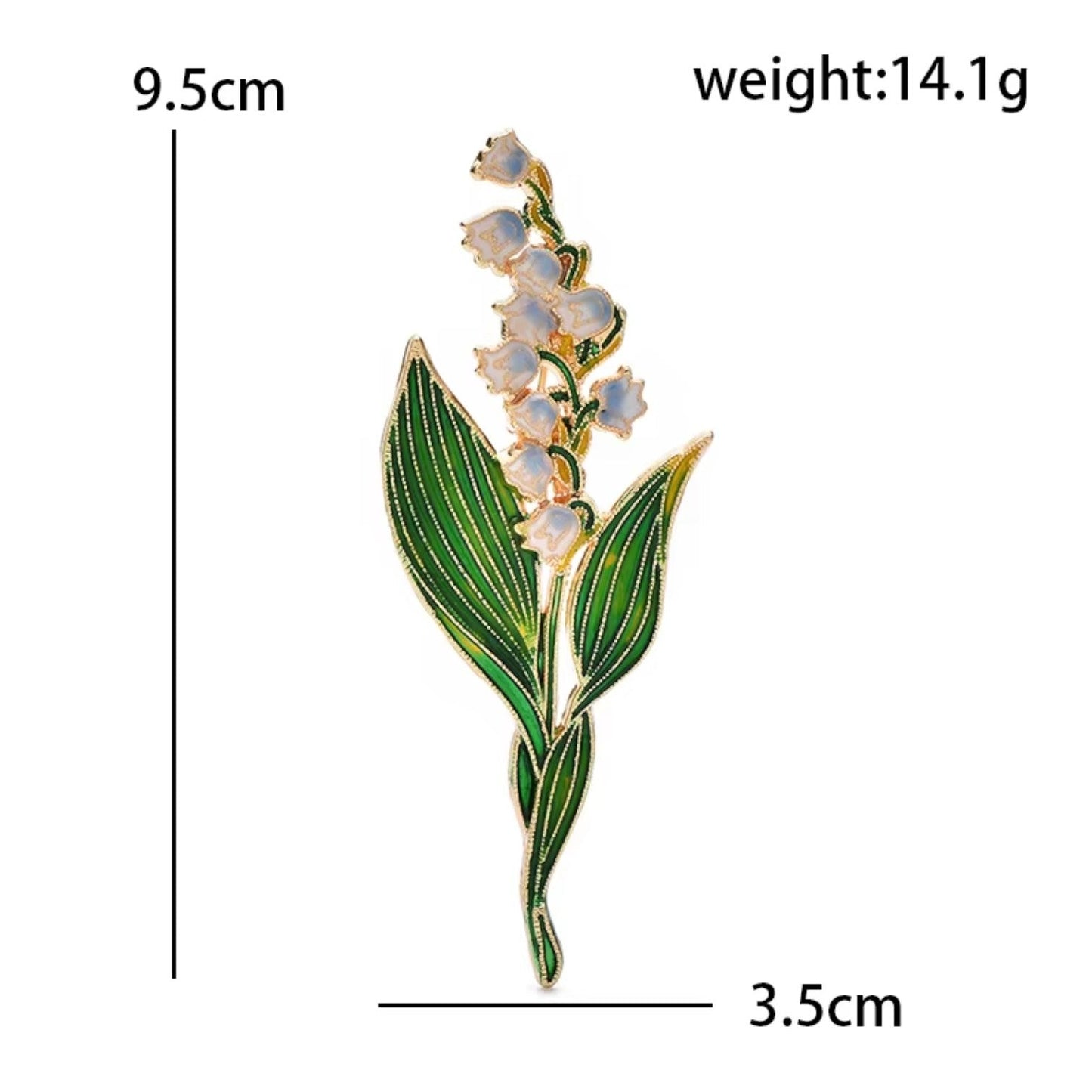 Maiglöckchen Brosche Maßangaben 3,5 x 9,5 cm Gewicht 14,1g weißer Hintergrund