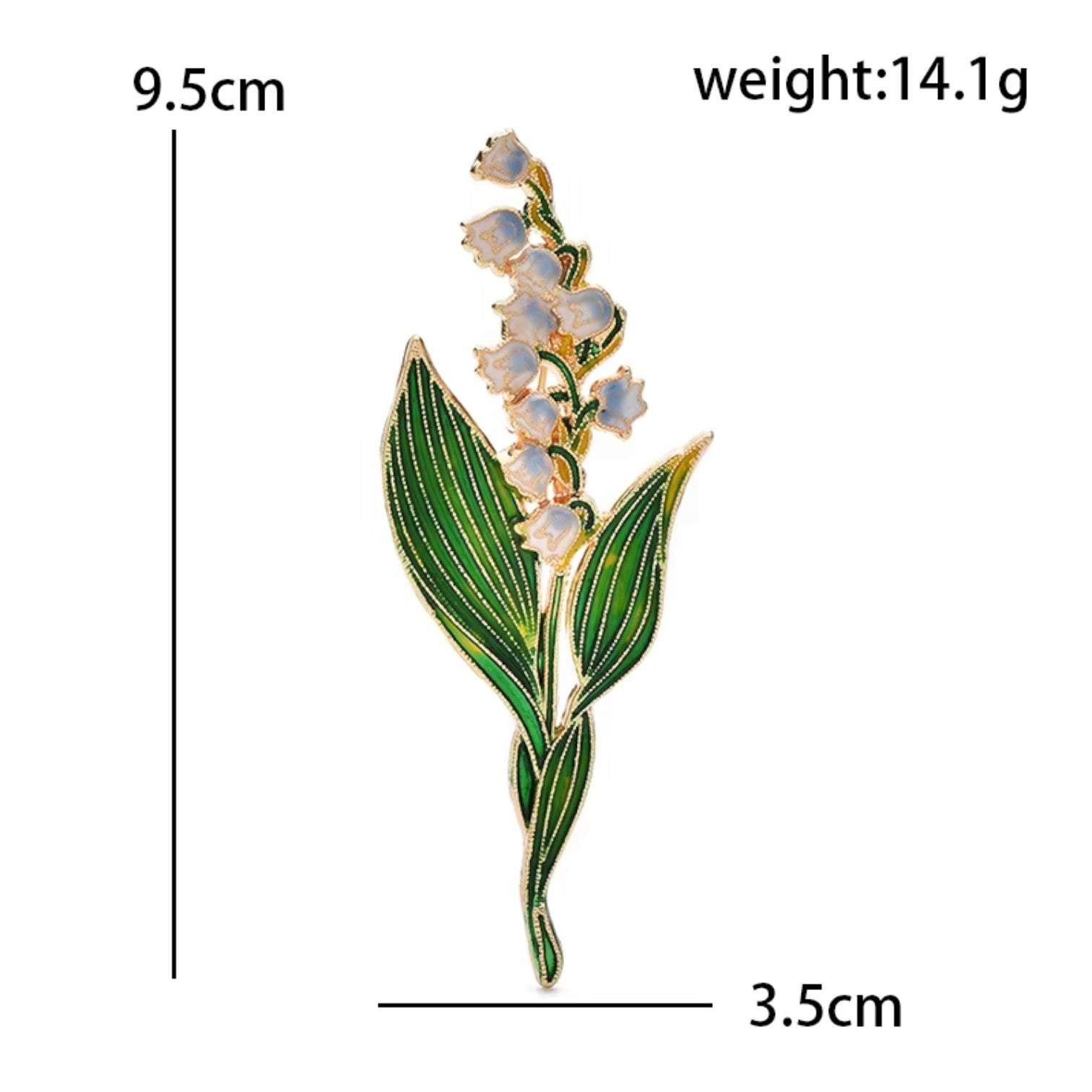 Maiglöckchen Brosche Maßangaben 3,5 x 9,5 cm Gewicht 14,1g weißer Hintergrund