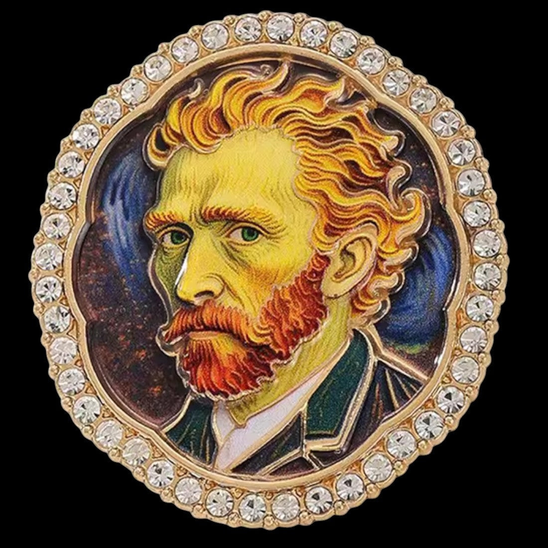 Van Gogh Brosche Selbstporträt Emaille Strass schwarzer Hintergrund Frontansicht
