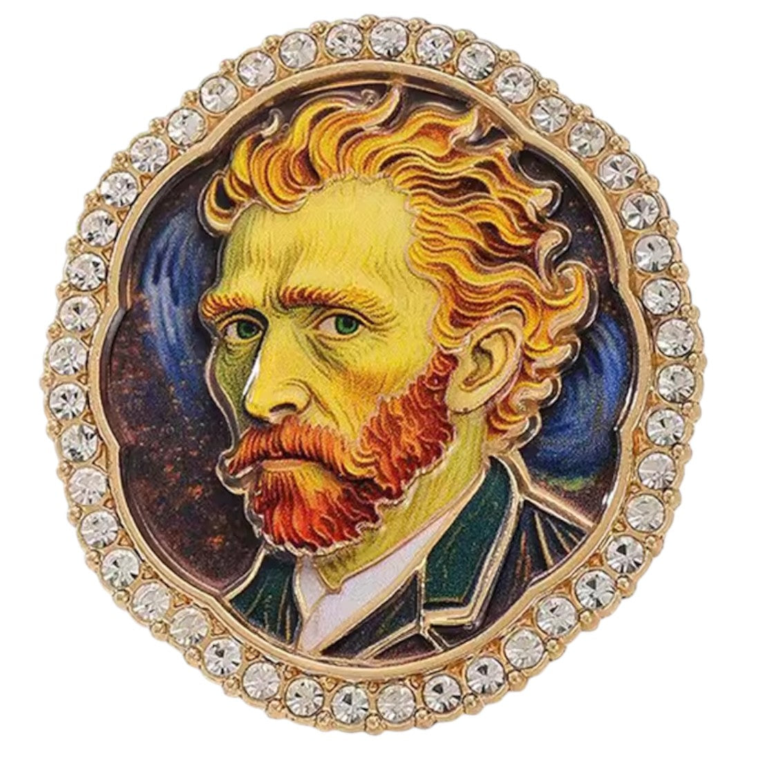 Van Gogh Brosche Selbstporträt Emaille Strass weißer Hintergrund Frontansicht