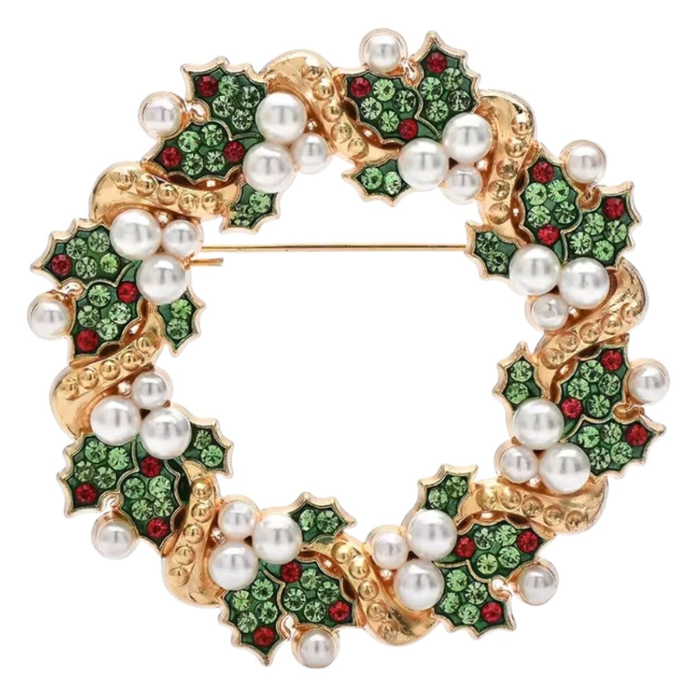 Vintage Weihnachtskranz Brosche Gold – Frontansicht auf weißem Hintergrund