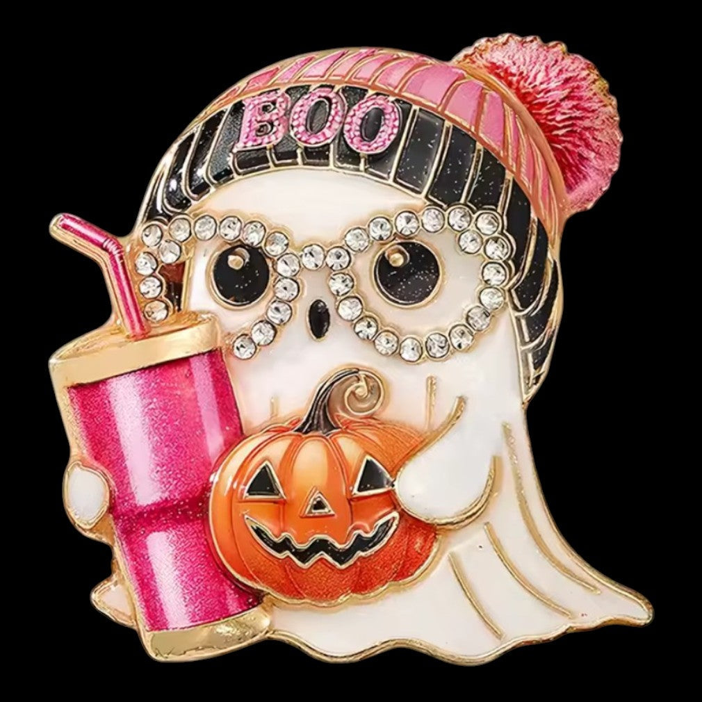 Halloween-Brosche BOO-Geist Kürbis – schwarzer Hintergrund