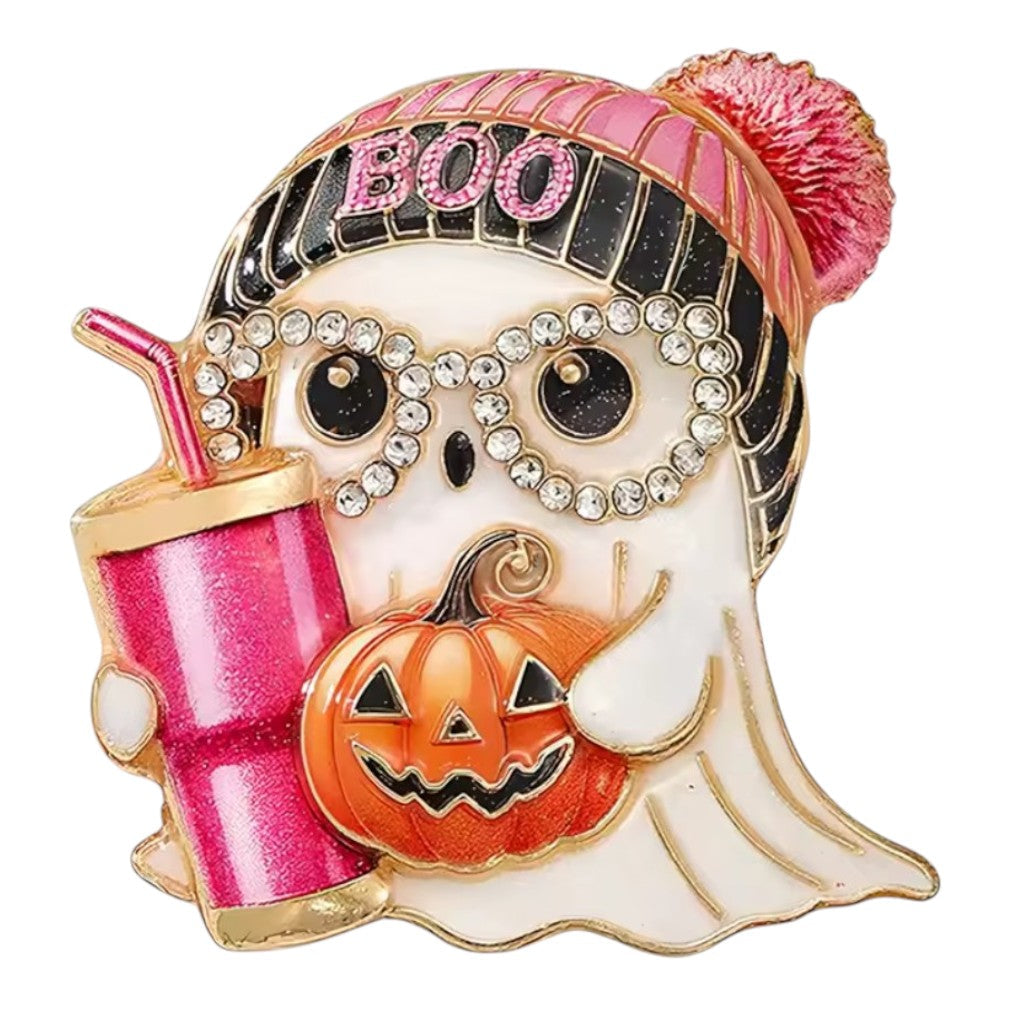 Halloween-Brosche BOO-Geist Kürbis – weißer Hintergrund