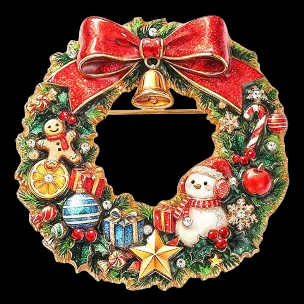 Weihnachtsbrosche Kranz bunt – Vorderansicht schwarzer Hintergrund