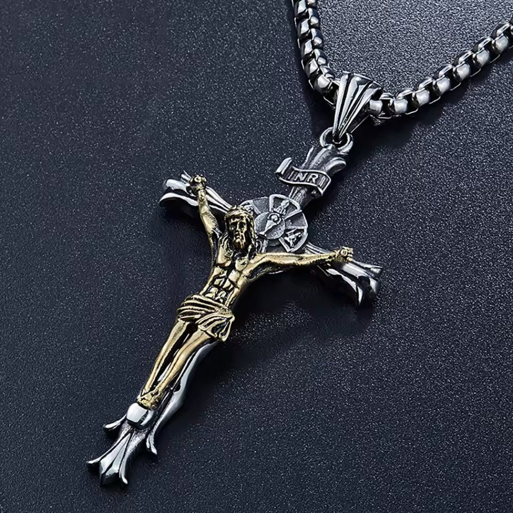 INRI Crucifix großer Anhänger "Jesus am Kreuz" silber-gold Edelstahl