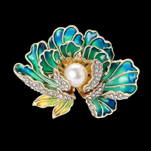 Vintage Brosche Lotusblüte in blau-grün