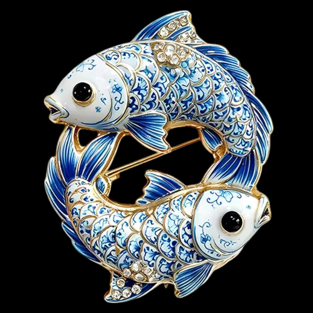 Kunstvolle Doppel-Koi-Brosche Porzellan-Stil – schwarzer Hintergrund