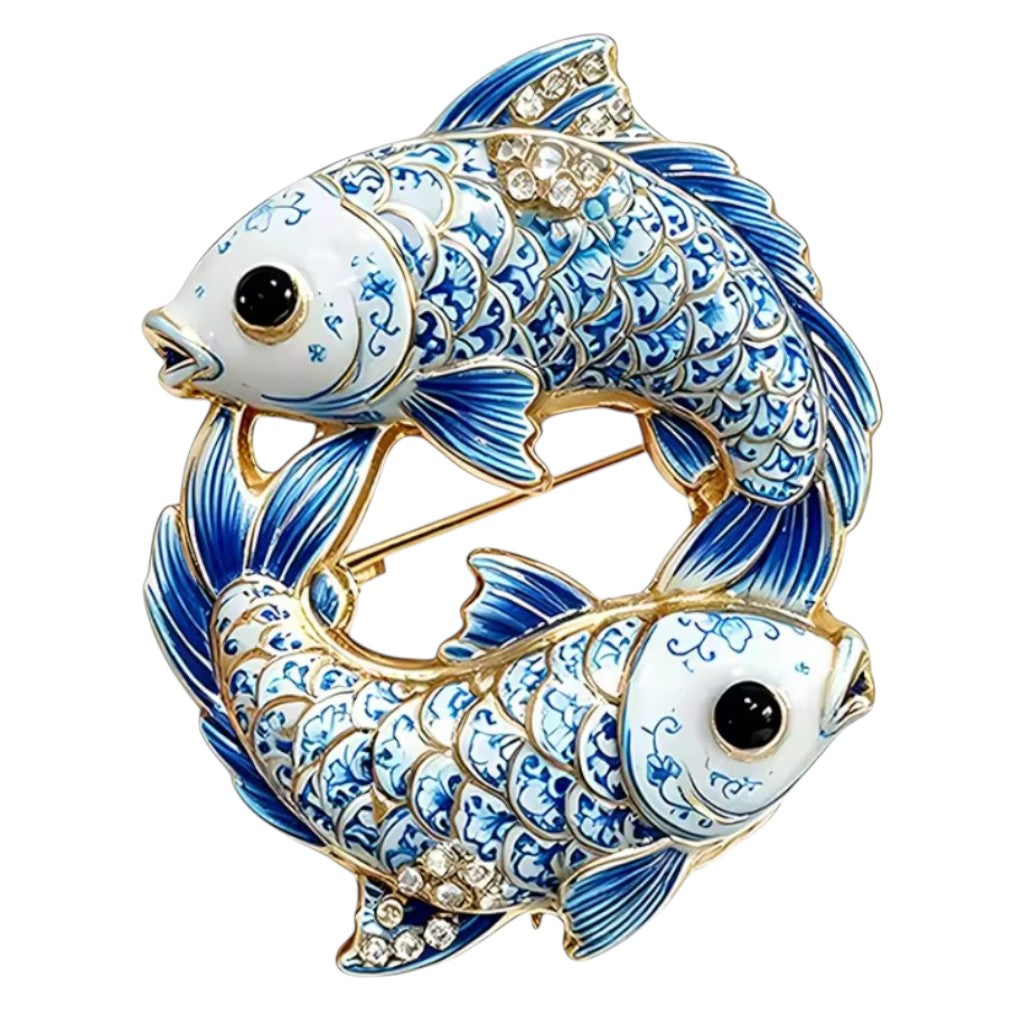 Kunstvolle Doppel-Koi-Brosche Porzellan-Stil – weißer Hintergrund