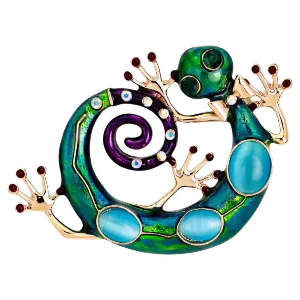 Vintage Gecko Brosche – Emaille & hellblauer Stein