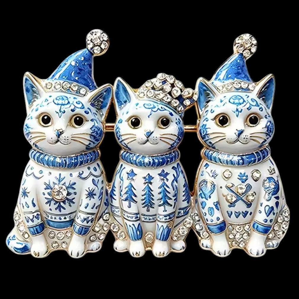 Weihnachtsbrosche drei Katzen Porzellan-Stil – schwarzer Hintergrund