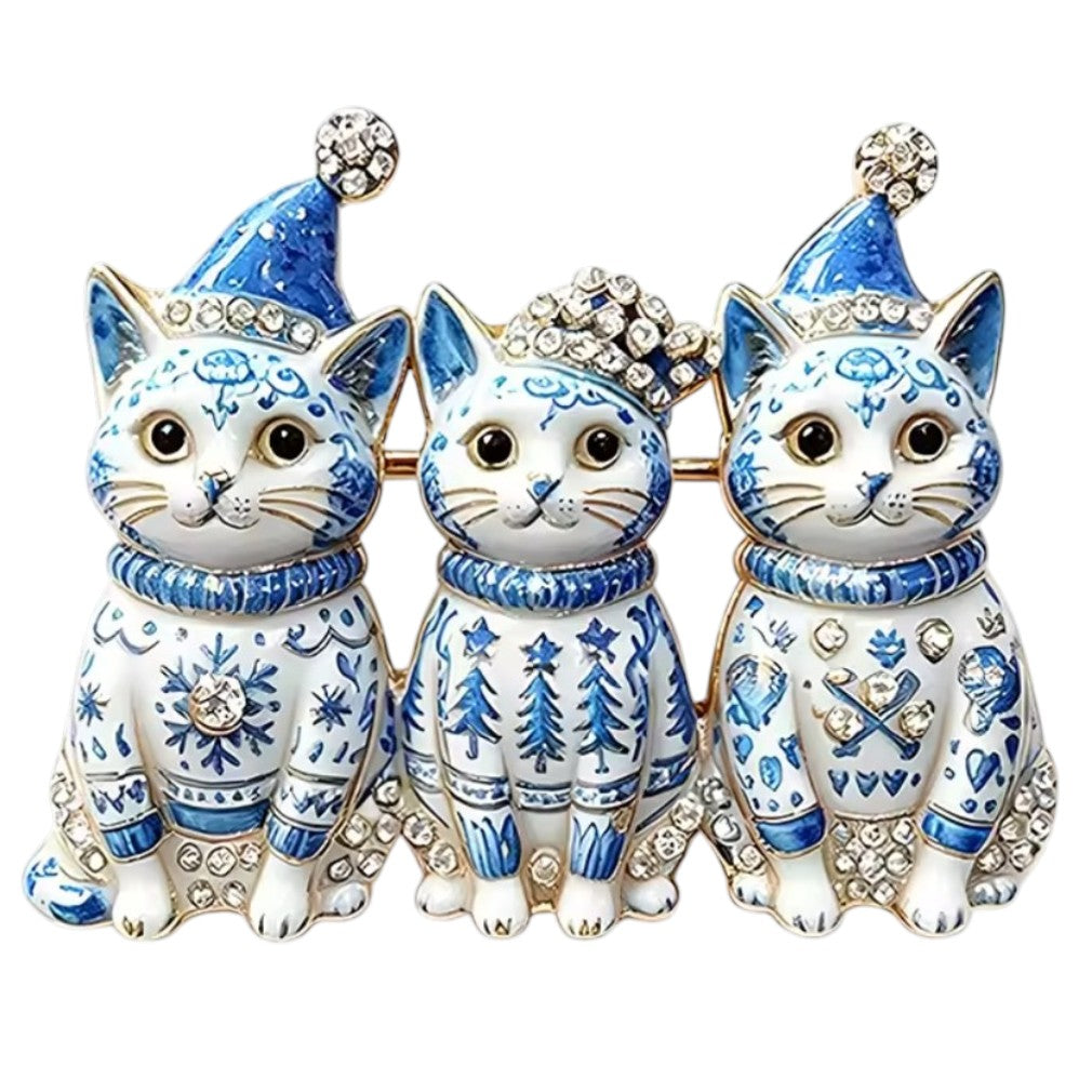 Weihnachtsbrosche drei Katzen Porzellan-Stil – weißer Hintergrund